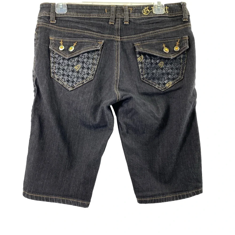 G Unit Company Denim Shorts Junior 11 Dark Wash Gold Rhinestones Flap‎ Pockets